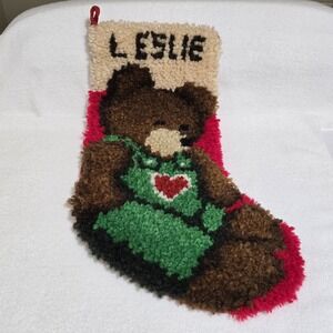 VTG Latch Hook Teddy Bear Christmas Stocking Finished 20"‎ Personalized Leslie